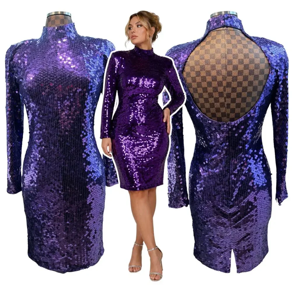 Vtg 90s Purple Sequin Open Back Mock Neck Cocktail Dress Size 10 Disco Glam Luxe